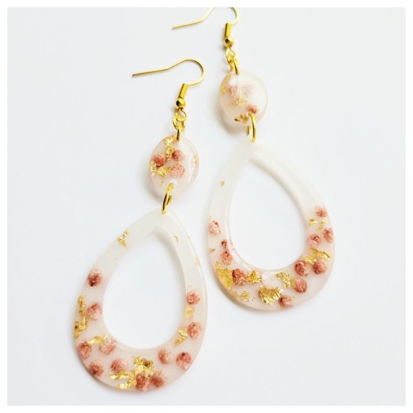 Statement Earrings Gold and Blush Pink Floral Milk Bath Handmade Teardrop Dangle - Picture 4 of 12